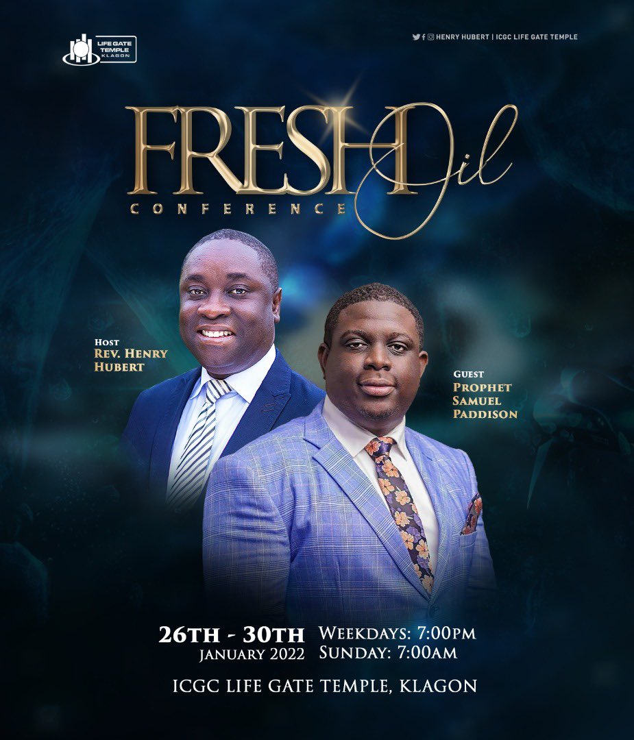 Join us this January from the 26th to 30th for fresh oil. Your life will never be the same. @lifegatetemple 
#FreshOil #Increase #WeAreICGC