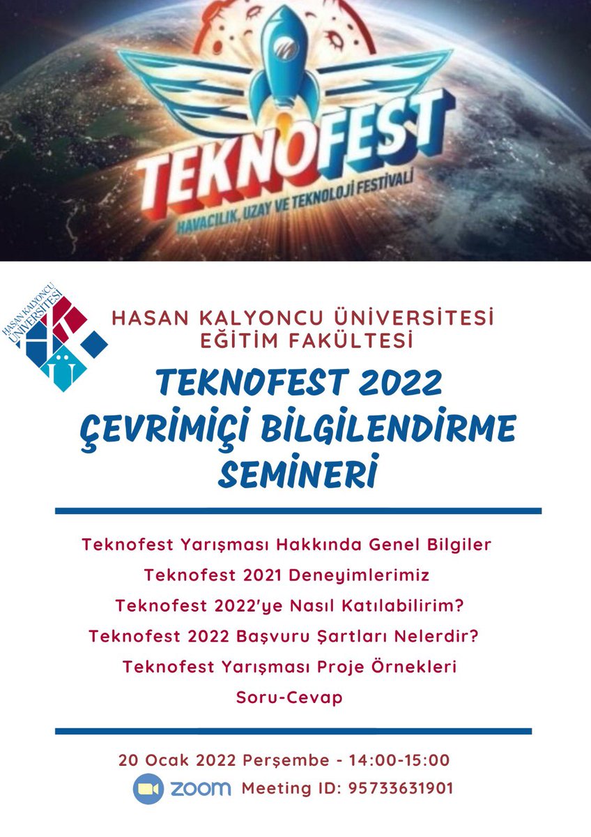 HKÜ Eğitim fakültesi olarak 18.01.2022'de bölüm başkanları ve danışman öğretim üyelerimiz ile ilk Teknofest 2022 toplantısını gerçekleştirdik. 20 Ocak 2022 Perşembe Günü saat 14:00'de öğrencilerimiz için TEKNOFEST bilgilendirme toplantısı gerçekleştirilecektir.  Zoom:95733631901