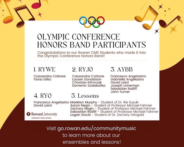 Congrats to our CMS students who have made it into the Olympic Conference Honors Band, as well as our amazing ensemble directors and faculty! #rowancmsproud #rowancms22 #musiceducation #music
