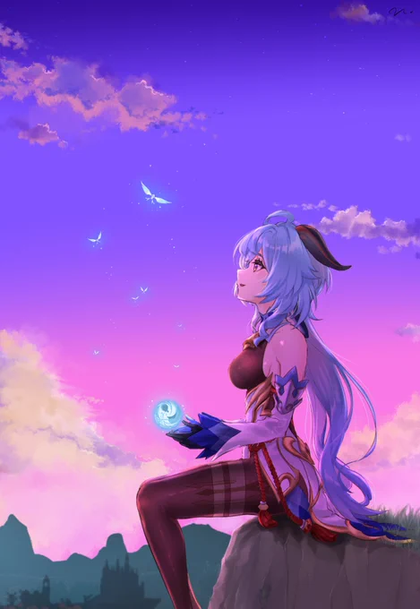 #原神 
#循々守月甘雨 
甘雨ちゃん好きなのですが、モンドの夕焼けも好きなので…。 