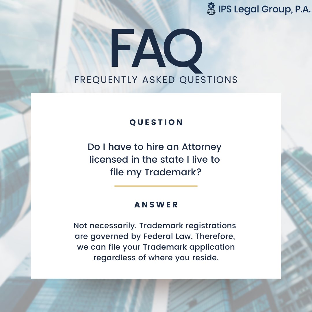 The same applies for Patents.

Your IP Attorney doesn't necessarily have to be in your state. You can live in Wyoming and hire an IP Attorney in Florida. 

Interested in working with us? Click the link in our bio to contact us!

#IPAttorney #Trademarks #Patents