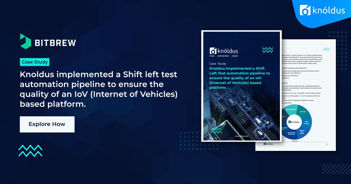 Knolspeak's tweet photo. Explore how @Knolspeak  helps #BitBrew in setting up an end to end #QA process and implemented a Shift left test #automation pipeline to ensure the quality of an #IoV based #platform. With this solution, there is a 70% reduction in test execution time. https://t.co/B35gZK8mwQ https://t.co/ZLcYC9J9Ee