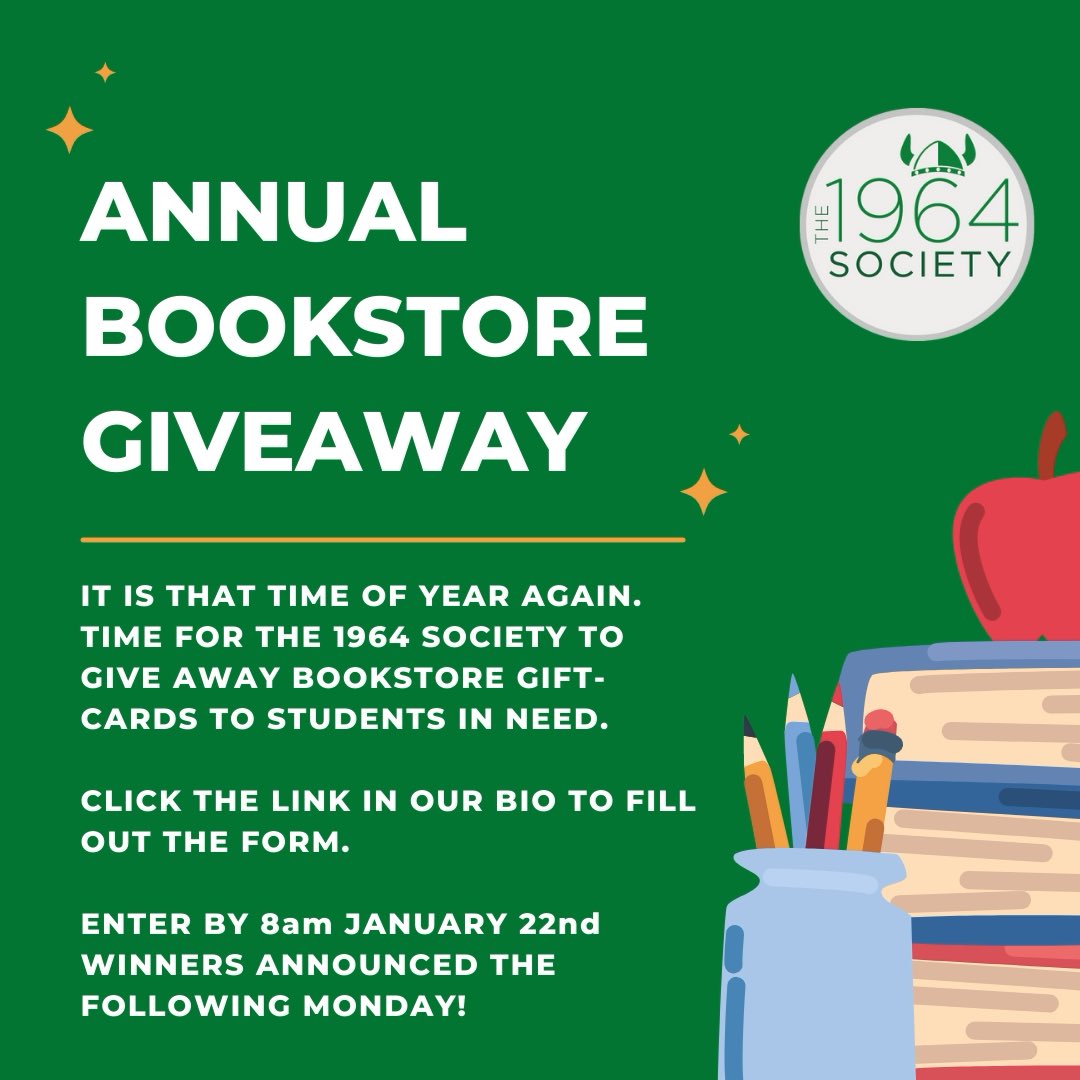 1964Society's tweet photo. That time of year again! Enter today for your chance to win $500, $300, or $200 towards books this semester! Giveaway open until 8am January 22nd. Winners announced the following Monday!
CLICK THE LINK IN OUR BIO TO ENTER!💚✨ #TrueViking #1964Society #CSUAA #CleState https://t.co/Xg4yysOQuN