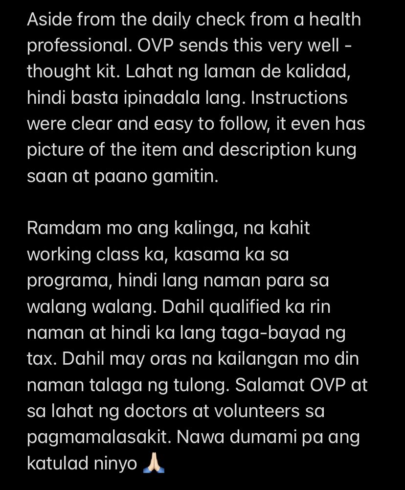 khaeiycee's tweet photo. Dear #BayanihanEKonsulta #AngatBuhayProgram #OVP
@lenirobredo , doctors, sponsors, and volunteers. Maraming salamat po sa pagkalinga at #CovidCareKit 

Ganito po pala kasaya maramdaman na may gobyernong para sa iyo, nakaka wala ng sakit 🥰

God bless you po 🙏🏻 https://t.co/lfdKbqsXIZ