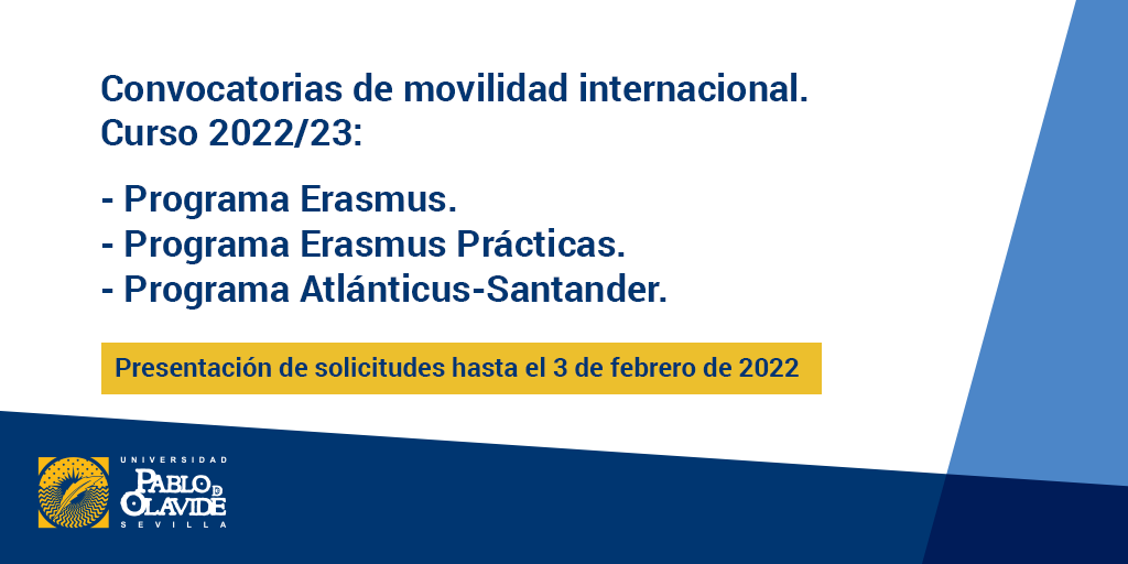 pablodeolavide's tweet photo. #infoUPO 📣 ¡Atención estudiantes!🌍Hoy se han publicado las convocatorias de los programas de movilidad internacional Erasmus, Erasmus Prácticas y Atlánticus -Santander para el curso 202⃣2⃣-202⃣3⃣. 

📅El plazo de presentación de solicitudes finalizará el próximo 3⃣ de febrero. https://t.co/ijdctF7Hsz