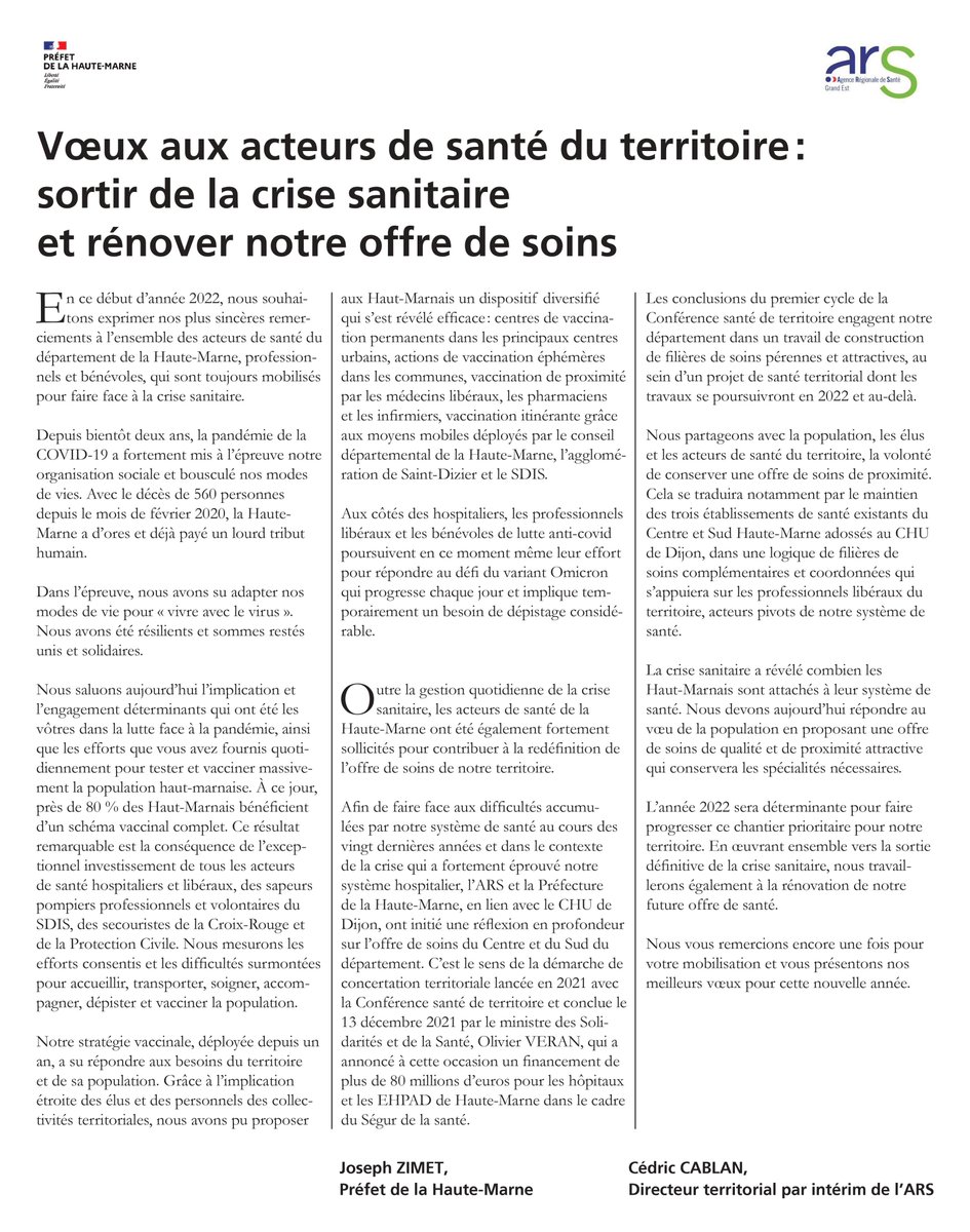 Prefet52's tweet photo. #voeux2022 de @Prefet52 et Directeur territorial DT #ARS52 aux acteurs de santé du département de la #HauteMarne
@Sante_Gouv
@Prefet67
@ars_grand_est https://t.co/Y0soSc7nWY