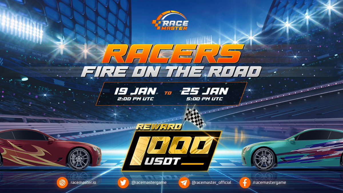 🚨 @RaceMaster - Fire on the road💥
🚀 Our #FIRST_AIRDROP campaign has officially started! 🥳

 Join us and win big 🔥
🔗 Join at: t.me/RaceMasterAird…
⏰ Date: Jan.19th, 2022 - Jan.25th, 2022
🎁 Total reward: 1000 USDT

👉🏻 More detail: racemaster.medium.com/fire-on-the-ro…

#WelcomeAirdrop