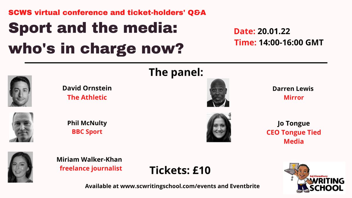 SajChowdhury's tweet photo. Sign up to Thursday's webinar where we will discuss issues in sports media &amp; journalism - you will also get a chance to put your questions to our panel of experts:
@MirrorDarren 
@philmcnulty 
@mimwalkerkhan 
@David_Ornstein 
@tonguetweets 
Tickets: https://t.co/kErwPpQlq6 https://t.co/z1wUmUj6HX