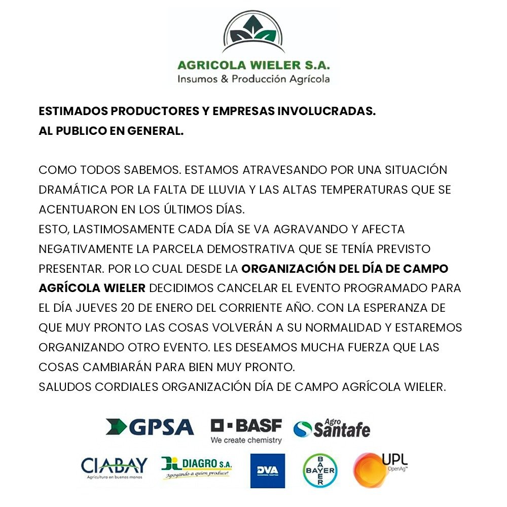 Aviso muy importante sobre el día de campo de Agrícola Wieler