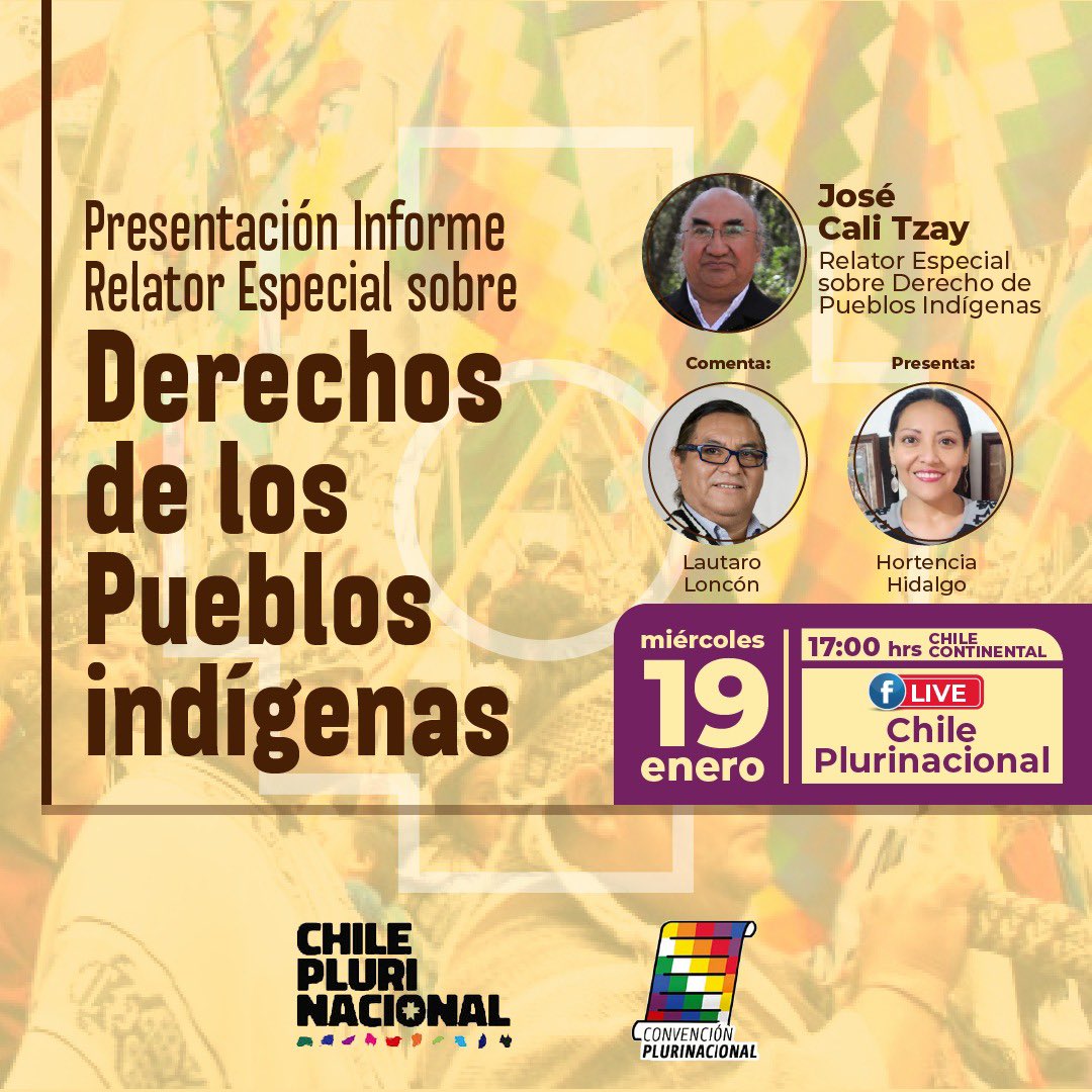 c_plurinacional's tweet photo. Atención❗️Si no alcanzaste a registrarte para participar en zoom , podrás ver la transmisión en vivo por Facebook live: Chile Plurinacional. No te lo pierdas! Conoce sobre los Derechos de los Pueblos Indígenas junto a @RelatorDd  con la intervención del abogado mapuche @Wallmapu https://t.co/nbAjAeaHcE