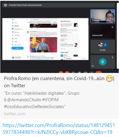 ArmandoChulin's tweet photo. Actividad con colegas de Educación Media Superior #EdoMéx #IFOPIM
Intercambio de ideas sobre el #UsoEducativodeRedesSociales 😉
#CursoHabilidadesDigitalesDocentes https://t.co/crrLOQKejd