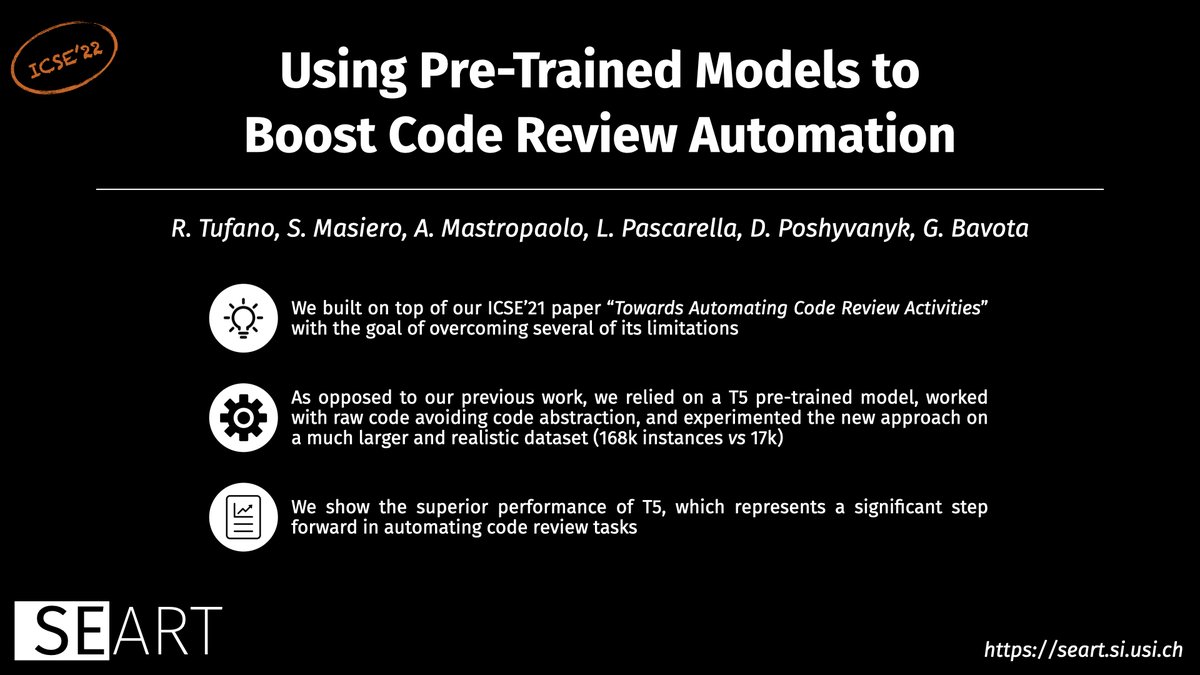 Gabriele Bavota (@gbavota) on Twitter photo "Using Pre-Trained Models to Boost Code Review Automation" accepted at <a href="/ICSEconf/">ICSE</a>
<a href="/r_tufano_/">Rosalia Tufano</a> <a href="/LucaPascarella/">Luca Pascarella</a> <a href="/AntonioMastro2/">Antonio Mastropaolo</a> <a href="/Denys19674549/">Denys</a>
π Preprint: arxiv.org/abs/2201.06850
π Code/data: tinyurl.com/ypsehk5m
A result of the DEVINTA <a href="/ERC_Research/">European Research Council (ERC)</a> project. "Using Pre-Trained Models to Boost Code Review Automation" accepted at <a href="/ICSEconf/">ICSE</a>
<a href="/r_tufano_/">Rosalia Tufano</a> <a href="/LucaPascarella/">Luca Pascarella</a> <a href="/AntonioMastro2/">Antonio Mastropaolo</a> <a href="/Denys19674549/">Denys</a>
π Preprint: arxiv.org/abs/2201.06850
π Code/data: tinyurl.com/ypsehk5m
A result of the DEVINTA <a href="/ERC_Research/">European Research Council (ERC)</a> project.