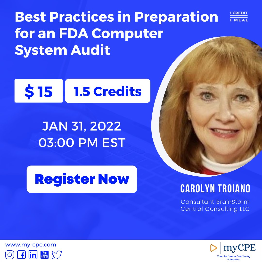 myCPE's tweet image. Register for a webinar: Best Practices in Preparation for an FDA Computer System Audit

To be presented: Carolyn Troiano

Register now: bit.ly/3fTRjox

#systemdevelopmentlifecycle #computersystemvalidation #dataintegrity #cpecredits