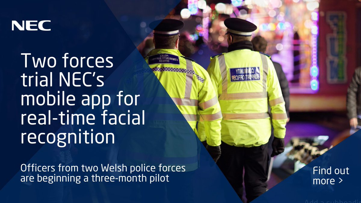 NECSafety's tweet photo. Officers from two Welsh police forces are beginning a three-month pilot that provides access to NEC's real-time facial recognition technology through an app on their mobile phones.

Find out more: https://t.co/TVSgGOQtm4 https://t.co/2myj8RSKPJ