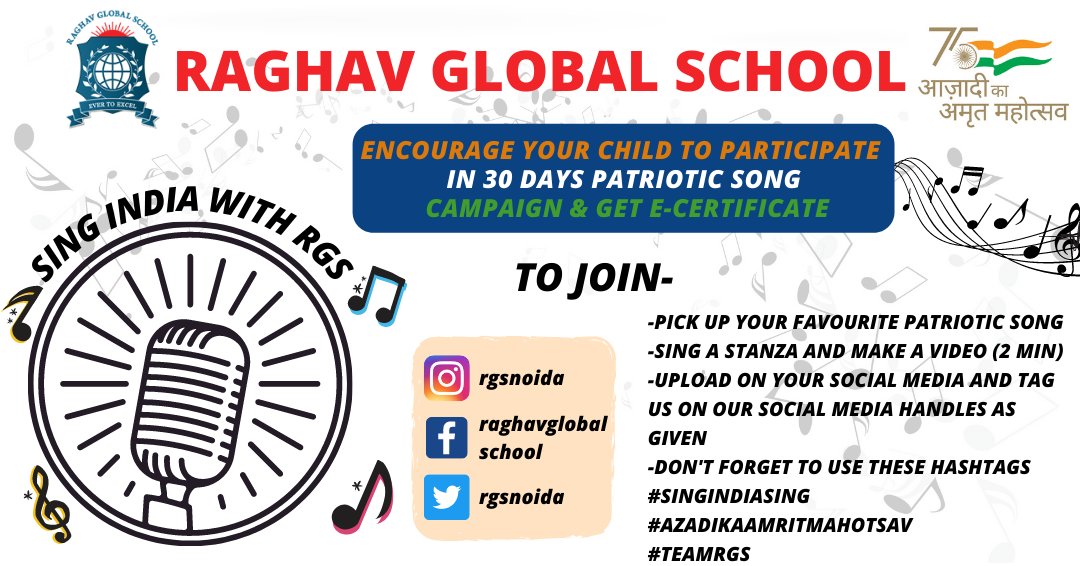 rgsnoida's tweet photo. Raghav Global School presents sing India with RGS competition
Students from any school can participate
Note- If your account is private then after uploading the video send it on our Instagram handle.
#singindiasing #azadikaamritmahotsav #teamrgs #onlinecompetition https://t.co/CGr0kxCL0Y