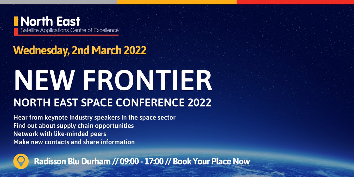 SpaceNEEngland's tweet photo. NEW FRONTIER - NORTH EAST SPACE CONFERENCE 2022

🚀Hear from keynote industry speakers
🚀Find out about supply chain opportunities
🚀Network with like-minded peers
🚀Make new contacts

Save the date - 02.03.22

Find out more👉 https://t.co/de762pesYA #SatApps #SatAppsNE #Spac... https://t.co/xVOC36WmJq