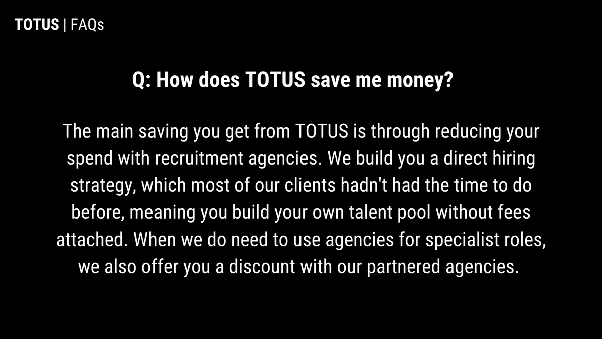 TotusRPO's tweet photo. One of the key considerations of every business owner when deciding whether to invest in a solution is "How will it save me money, if at all?" As such, we thought we would address that question head on. #recruitment #hiring #businessadvice #startup #TotusFAQs https://t.co/JxMAyXBaIT