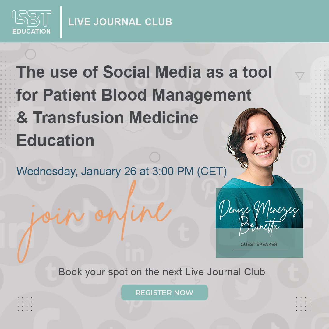ISBTCO's tweet photo. Register today for the next #LiveJournalClub with Denise Menezes Brunetta 🇧🇷
It's your chance to discover a new tool to improve Transfusion Learning and #PatientBloodManagement
🗓 Wednesday, January 26
⏰ 3 PM (CET)
🔗👉https://t.co/zwIUAXKBVZ
#ISBTYoungBlood @EducaSangue https://t.co/AM2EpWUzBW