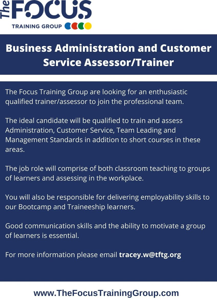 focustrainingsw's tweet photo. Staff Vacancy! 📢

We are looking for a Business Admin and Customer Service trainer/assessor to join our team!

For more info or to apply, send your CV to tracey.w@tftg.org 👏 https://t.co/JAP3H4FQ17