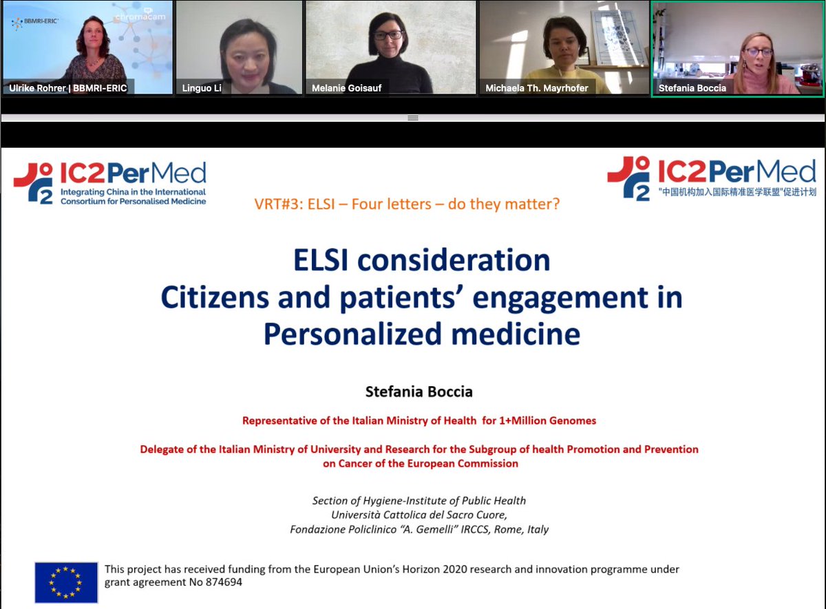 Stefania Boccia ´s presentation in the third #VRT is about citizens and patients´ engagement in #personalizedmedicine.

#EUChina #IC2PerMed #BBMRI_QM #BBMRI_ELSI #BBMRIERIC