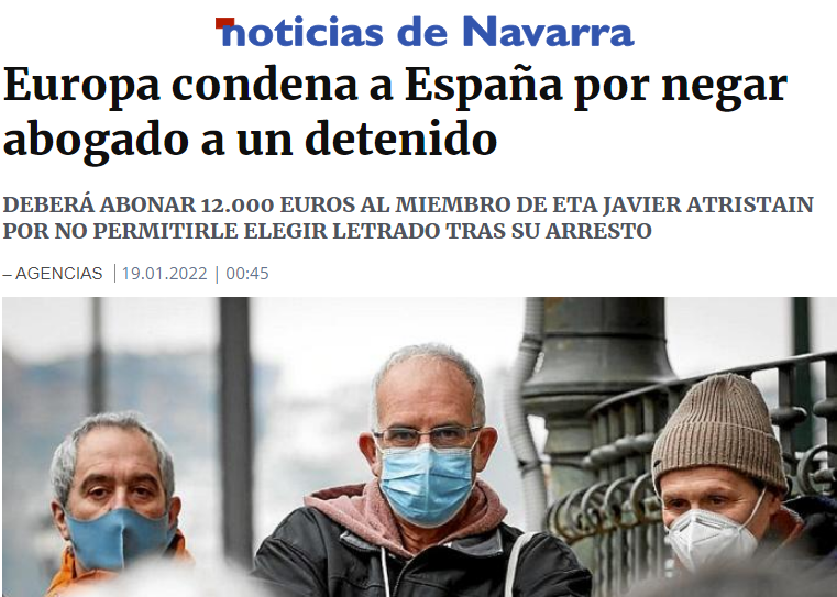 El <a href="/NoticiasNavarra/">Diario de Noticias</a> desoye la sentencia del TEDH de Estrasburgo sobre XAVIER ATRISTAIN y sigue denominándolo miembro de ETA, a pesar de que se haya condenado al Reino de España por sentencia injusta.