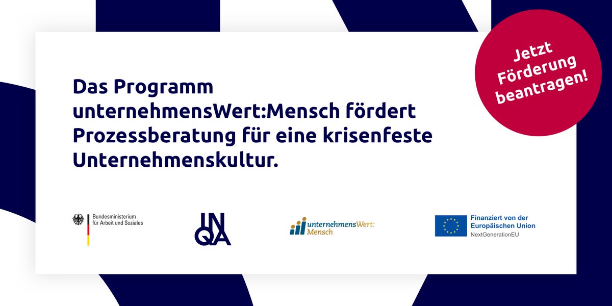 Initiative Neue Qualität der Arbeit (@inqade) on Twitter photo „Gestärkt durch die Krise“
Das Programm unternehmensWert:Mensch (uWM) des <a href="/BMAS_Bund/">Bundesministerium für Arbeit und Soziales</a> fördert Prozessberatungen für KMU für Krisenmanagement und um die Resilienz im Unternehmen zu stärken.
Informieren Sie sich zur Förderung unter: unternehmens-wert-mensch.de/programmerweit… #MachtArbeitBesser !B „Gestärkt durch die Krise“
Das Programm unternehmensWert:Mensch (uWM) des <a href="/BMAS_Bund/">Bundesministerium für Arbeit und Soziales</a> fördert Prozessberatungen für KMU für Krisenmanagement und um die Resilienz im Unternehmen zu stärken.
Informieren Sie sich zur Förderung unter: unternehmens-wert-mensch.de/programmerweit… #MachtArbeitBesser !B