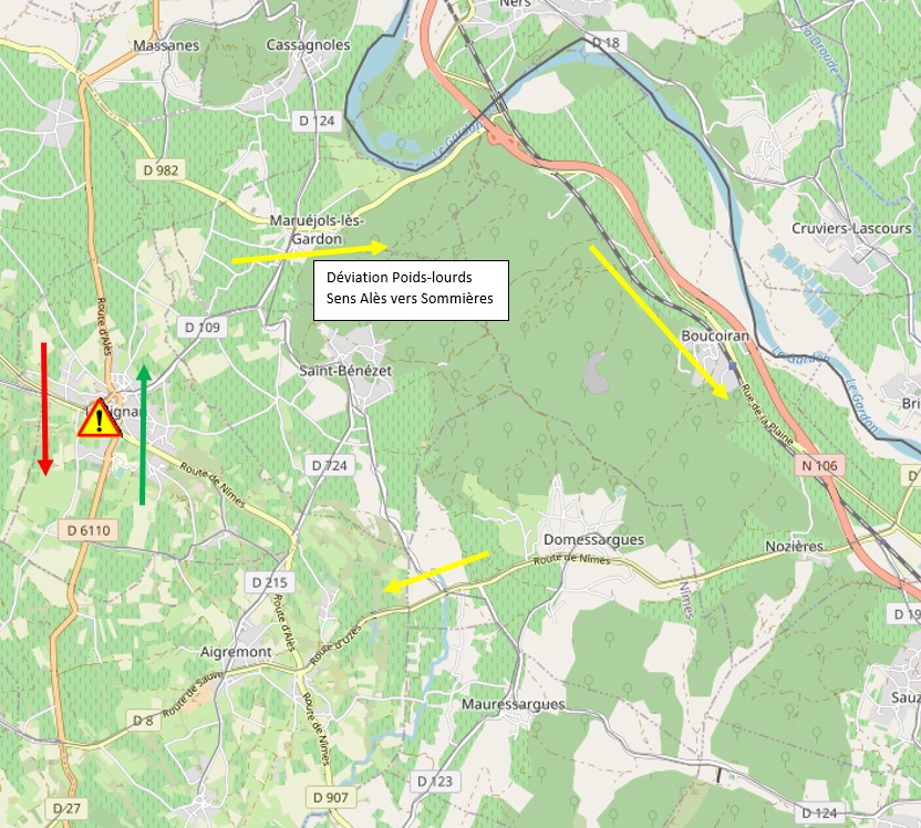 InfoRouteGard's tweet photo. ⚠️Fuite d'eau à #Lédignan (travaux de réparation en cours), 
▶️la RD907 est coupée ce merc 19/01. 
  -Déviation VL par voies communales
  -Déviation poids-lourds par les RD982-RD936-RD8
▶️La RD6110 dans le sens Alès vers Sommières est également coupée. Déviations identiques. https://t.co/5icgffQSvZ
