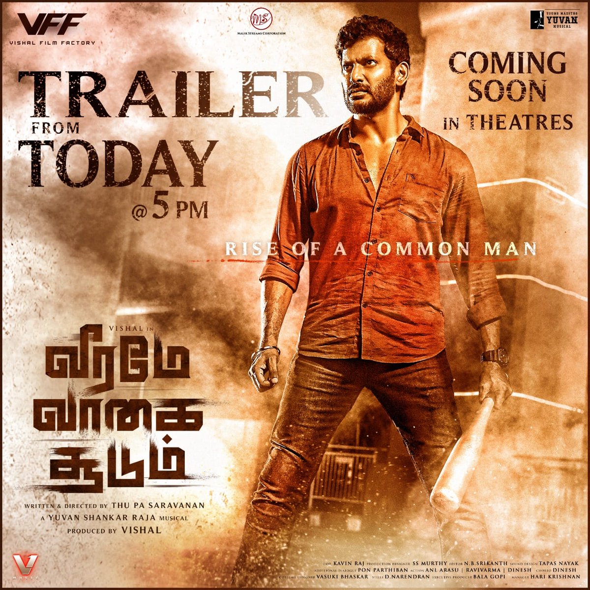kollywoodtimes's tweet photo. Action packed @VishalKOfficial #VeeramaeVaagaiSoodum trailer is releasing today at 5 PM
Get ready to witness the rage
Coming Soon In Theatres
#VVS #NotACommonMan
#VVSTrailer
#Vishal @Thupasaravanan1 @thisisysr @DimpleHayathi @johnsoncinepro https://t.co/2J62iL3T4s