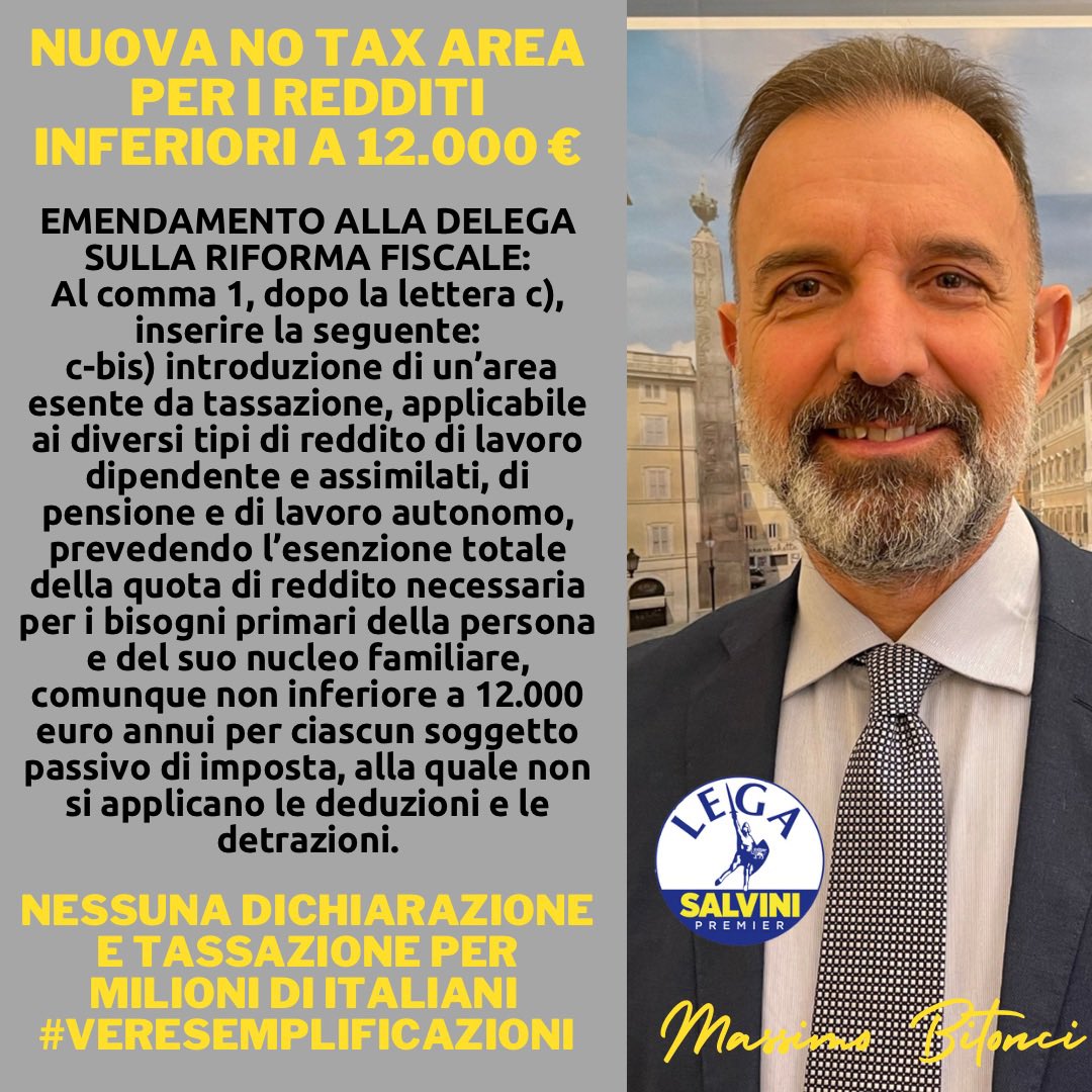 massimobitonci's tweet photo. 🔴 UNA NUOVA #NOTAXAREA (ZONA DI ESENZIONE) PER I REDDITI INFERIORI A 12.000 €. NESSUNA DICHIARAZIONE E REALE SEMPLIFICAZIONE PER MILIONI DI CITTADINI
@LegaCamera @LegaSalvini @Lega_Senato @matteosalvinimi @AlbertoBagnai @A_Gusmeroli @Stefanicamera @GiulioCentemero @LaCavandoli https://t.co/7r4FV2UbG7