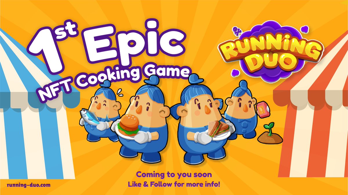 runningduo_NFT's tweet photo. 𝗥𝘂𝗻𝗻𝗶𝗻𝗴 𝗗𝘂𝗼! 1st ever NFT-based cooking frenzy. Play, Earn and battle your friends! 💯

COMING SOON. 🚀 It’s gonna be EPIC!

🎮 Join us now:
https://t.co/7fRvf4iwbK

Official site:
🌐 https://t.co/hfLrcOCGR7

#RunningDuo #BattleRoyale #CookingGame #PlayToEarn #NFTGame https://t.co/XJLtduiYUS