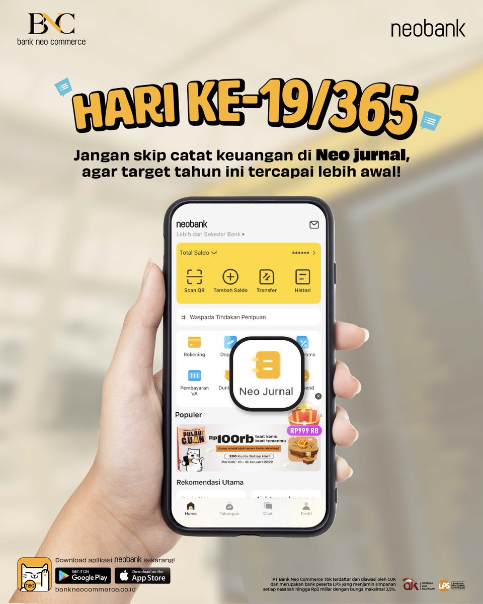 bankneocommerce's tweet photo. Neotizen, kebiasaan catat keuangan di Neo Jurnal masih lanjut kan?

Sudah berganti tahun, kestabilan keuangan harus tetap nomor satu! Apalagi masih ada resolusi yang mau kamu capai.

Simak caranya di bawah ini!

#Neoliuner #BeraniLebih #neobank https://t.co/FXv07p6BX4
