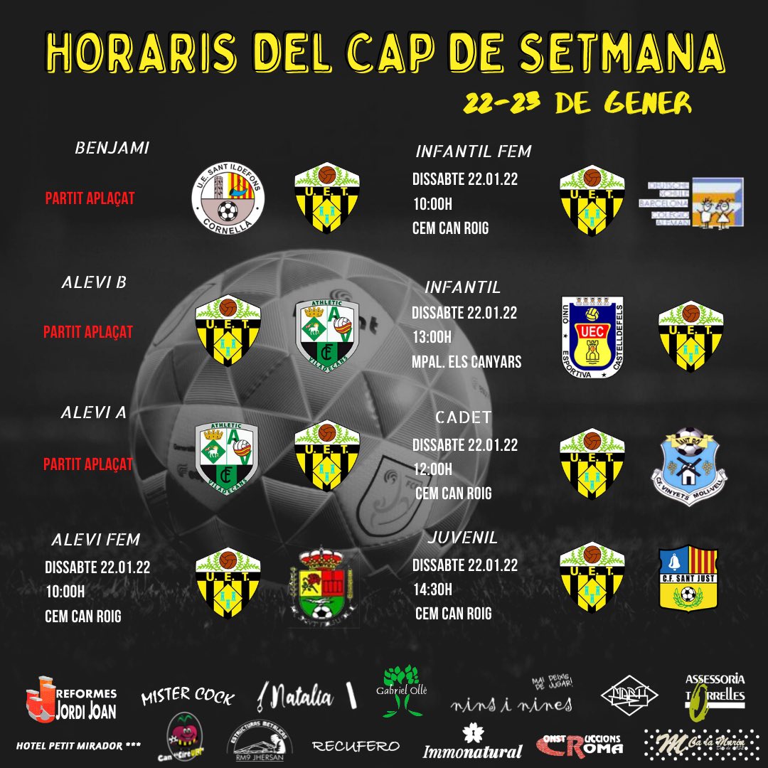 #HorarisUET | 

🗓 Aquests són els horaris del cap de setmana 22-23 de Gener!

Som-hi Torrelles🟡⚫️⚽️💪🏻

#josócuet #UET #competicio #futcat #futbol7 #futbol11 #grocinegre #futbase  #jugaverdplay #cebllob