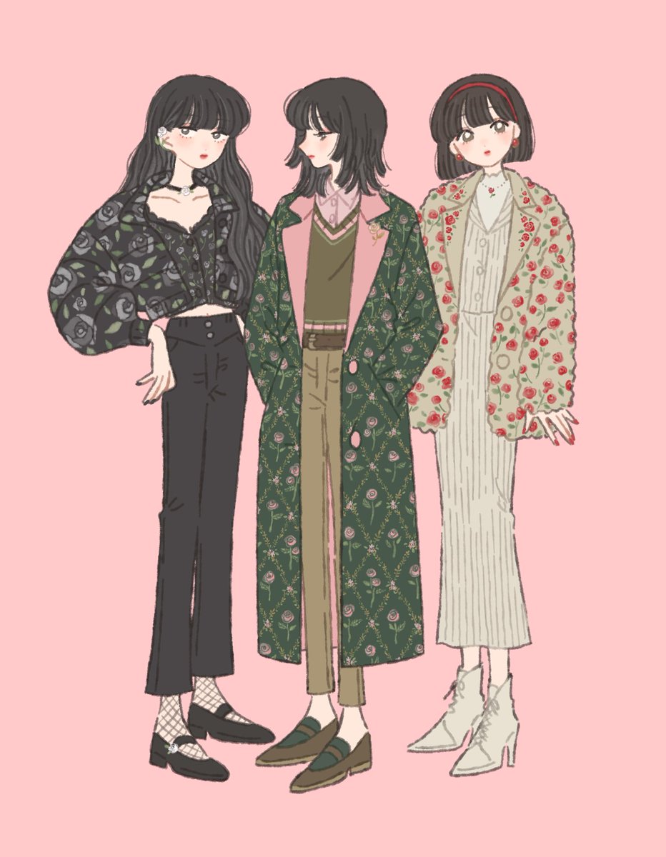 3girls multiple girls pink background pants black hair black pants black footwear  illustration images