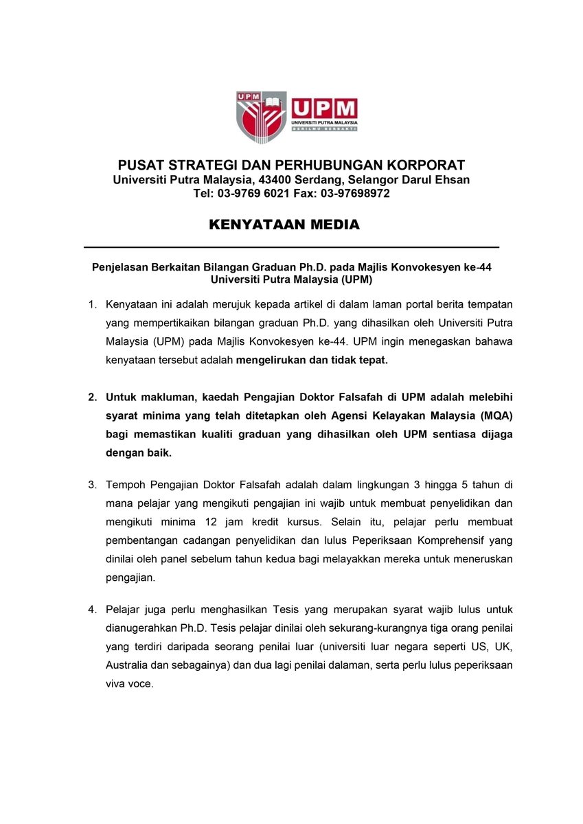uputramalaysia's tweet photo. KENYATAAN MEDIA UPM: PENJELASAN BERKAITAN BILANGAN GRADUAN PH.D. PADA MAJLIS KONVOKESYEN KE-44 UNIVERSITI PUTRA MALAYSIA (UPM). https://t.co/Kt9bkJQOdh