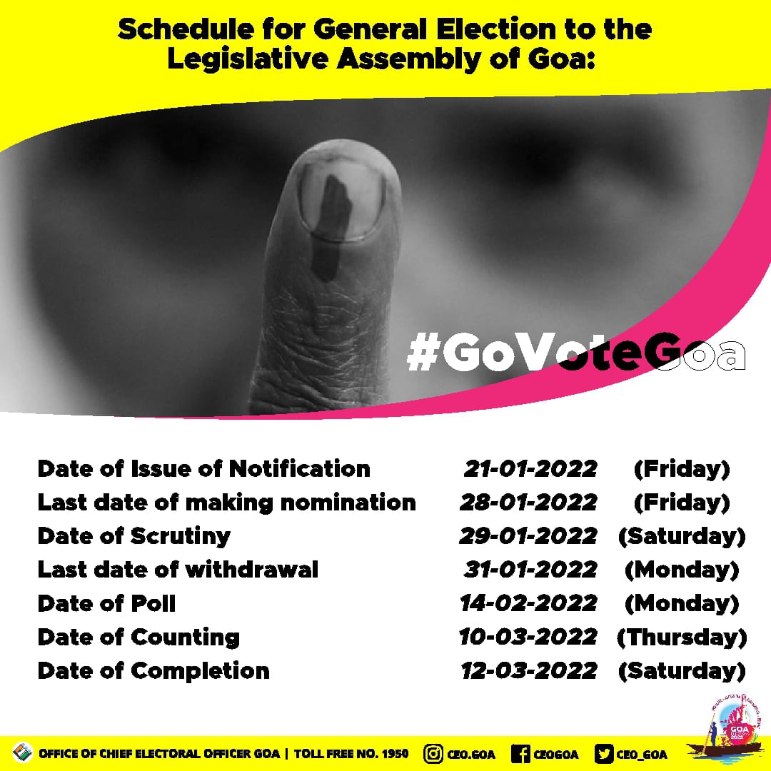 Coll_NorthGoa's tweet photo. Everyone to take notice of the schedule for the General Assembly Elections. #SaveTheDate
Date of Polling: 14th February 2022.
#GoaReadytoVote #GoVoteGoa #YourVoteMatters #Elections2022 https://t.co/5qVz0NfpYM