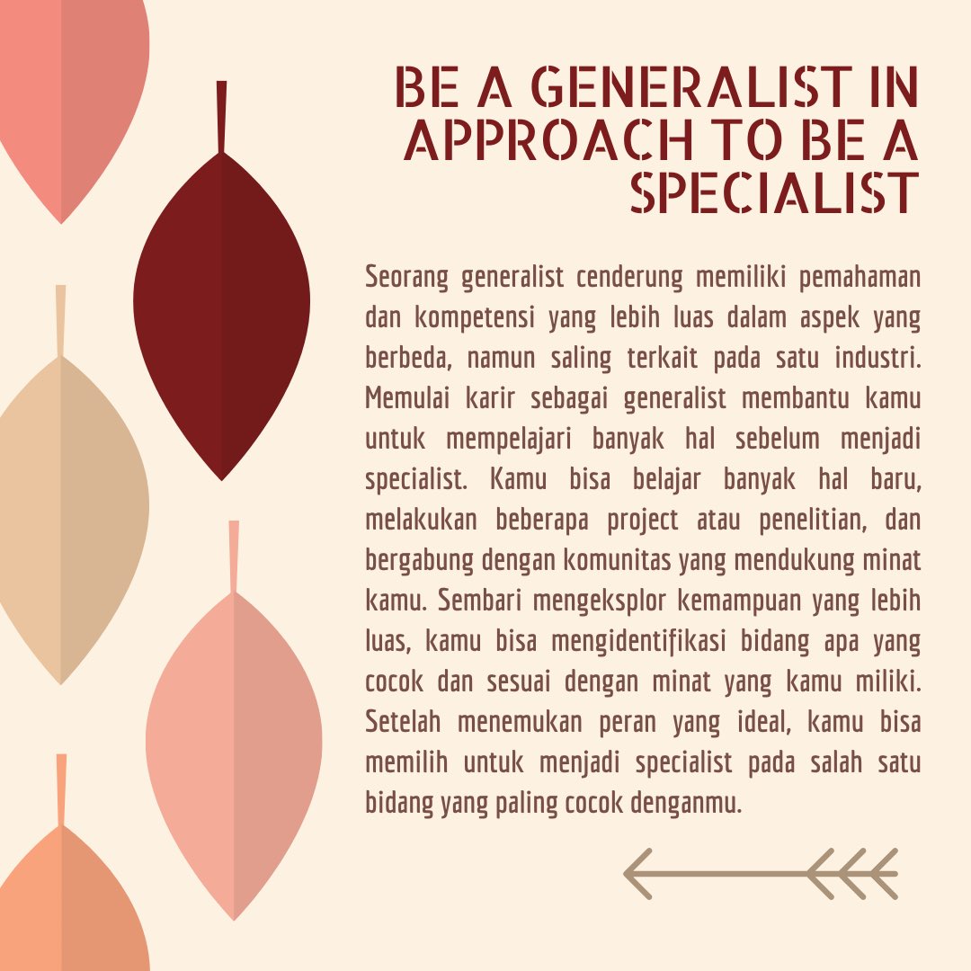 DialectAct's tweet photo. Hi, Dialectors!✨ 
Dalam proses untuk membangun karir, seseorang dapat menjadi generalist yang memiliki banyak ide dengan keterampilan yang berbeda, atau specialist yang berfokus pada keahlian dalam satu bidang tertentu. https://t.co/KUCWJhcauX