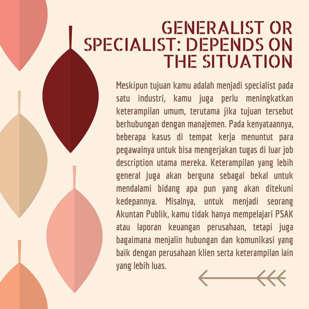 DialectAct's tweet photo. Hi, Dialectors!✨ 
Dalam proses untuk membangun karir, seseorang dapat menjadi generalist yang memiliki banyak ide dengan keterampilan yang berbeda, atau specialist yang berfokus pada keahlian dalam satu bidang tertentu. https://t.co/KUCWJhcauX