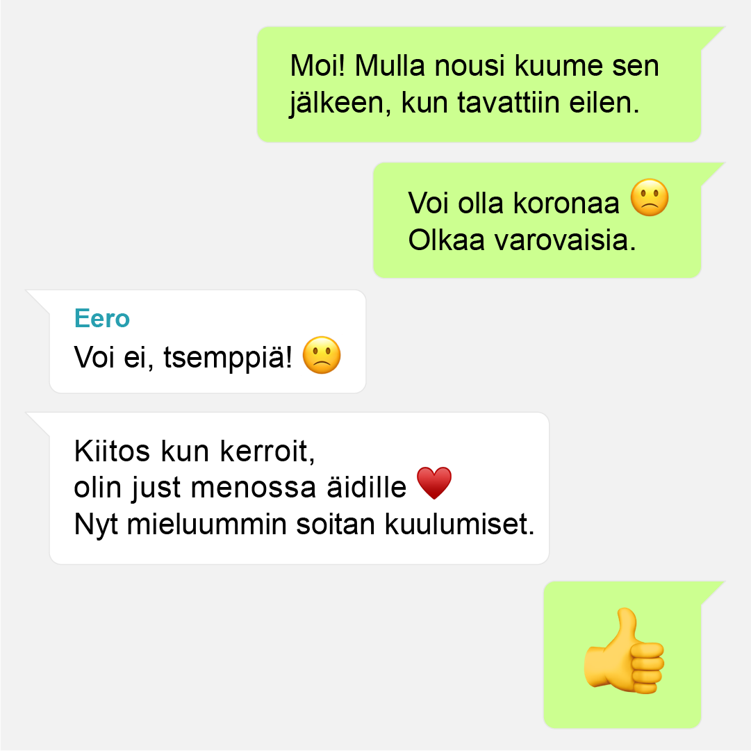 Jakaisitko tämän? Koronatartunnasta kertominen on välittämistä. ❤

Jos epäilet saaneesi koronatartunnan, kerro siitä altistuneille saman tien. Niin voit pysäyttää tartuntaketjun.

#koronafi #koronavirus