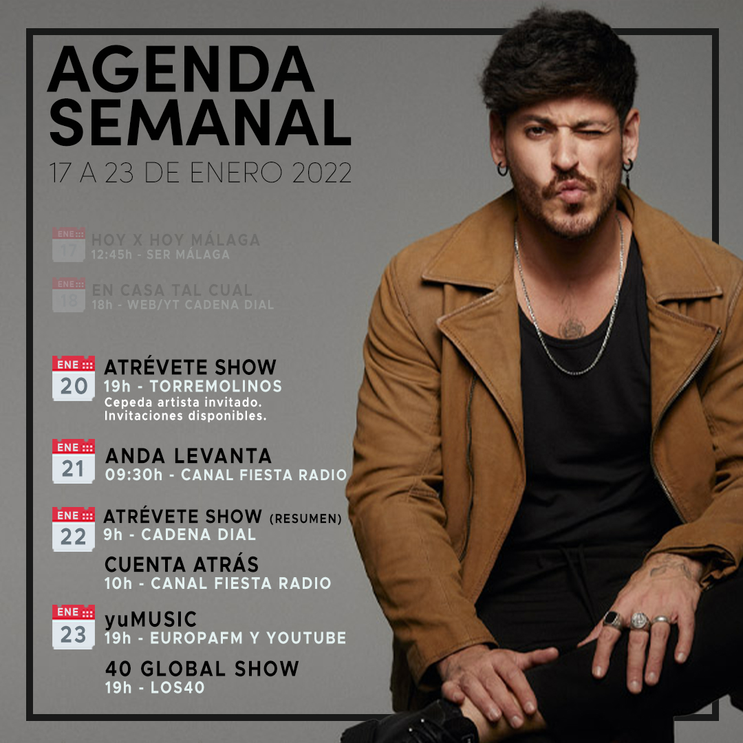 cepedistas_com's tweet photo. 🗓️ Agenda pública de @cepedaoficial esta semana (la que sabemos)
20/01 - @atrevetedial desde Torremolinos (resumen 22/01)
21/01 - Anda Levanta (@canalfiesta)
22/01 - Cuenta Atrás (Canal Fiesta)
23/01 - #yuMusic (@vodafoneyu @europa_fm) y @40GlobalShow (@Los40) https://t.co/U1Tsjiawhj