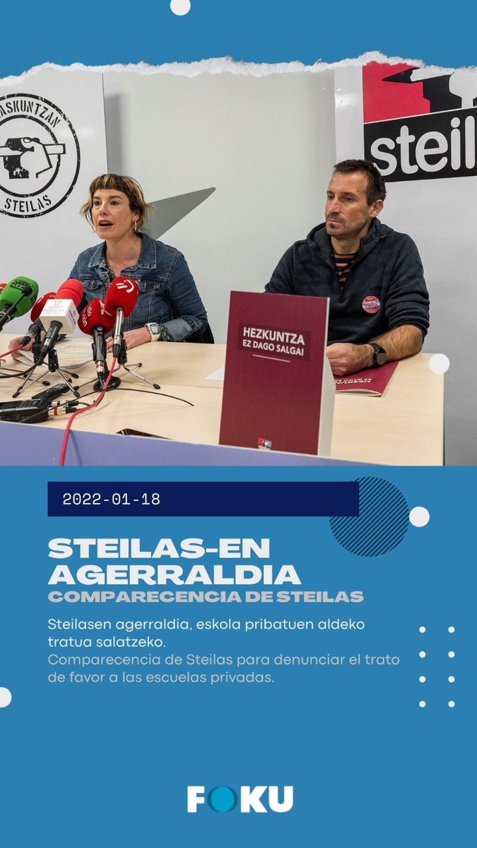 Foku_eus's tweet photo. 📸[2022-01-18]
#Hezkuntza
@STEILAS_ - en agerraldia, eskola pribatuen aldeko tratua salatzeko.
--
#Educación
Comparecencia de #Steilas para denunciar el trato de favor a las escuelas privadas.
#AktualitateaFokuan #Sindikalgintza https://t.co/EDQFM5XEX8