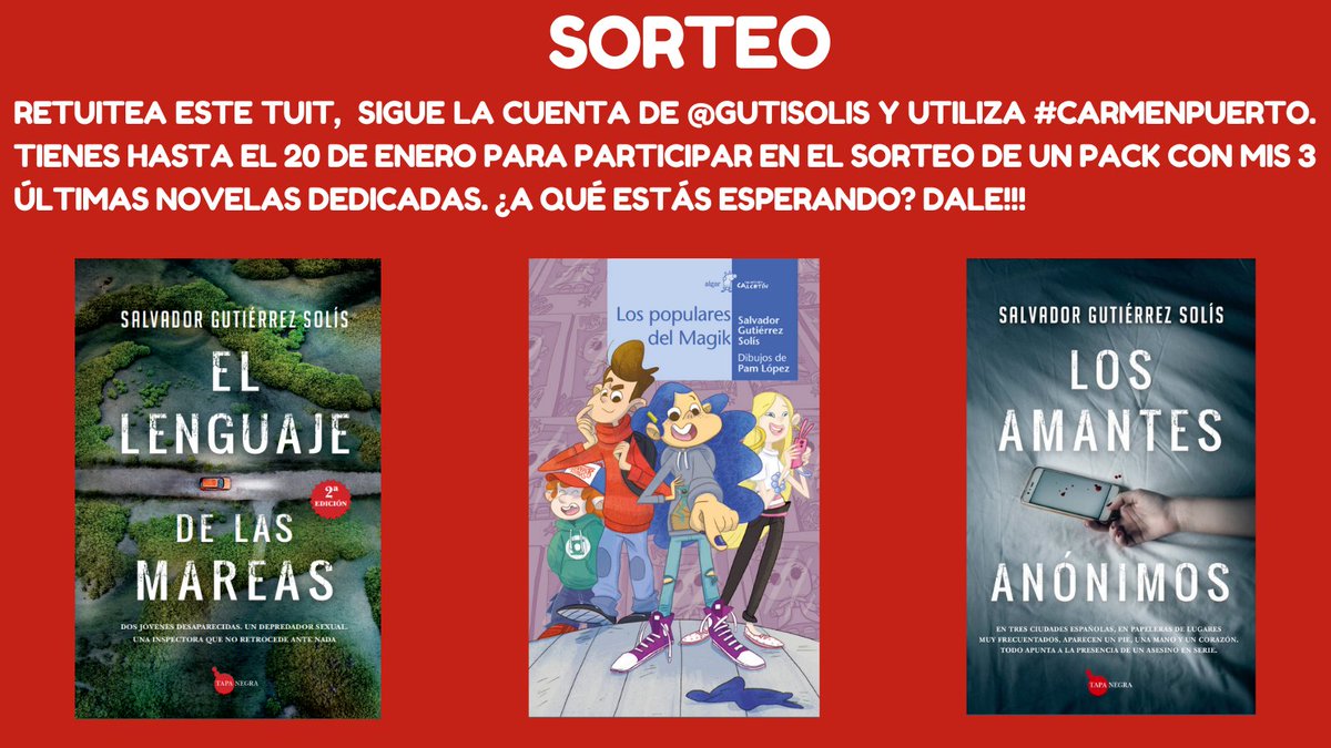 ¿Todavía no conoces a Carmen Puerto, o a Isabel Escalante? Eso tiene fácil solución, ya que regalo un pack con las 3 novelas que protagonizan, dedicadas.
Para conseguirlas, tan sencillo como esto:
RT este Tuit.
Sígueme.
Añade #CarmenPuerto.
¡Venga!

Sorteo: Jueves, 20 de enero.