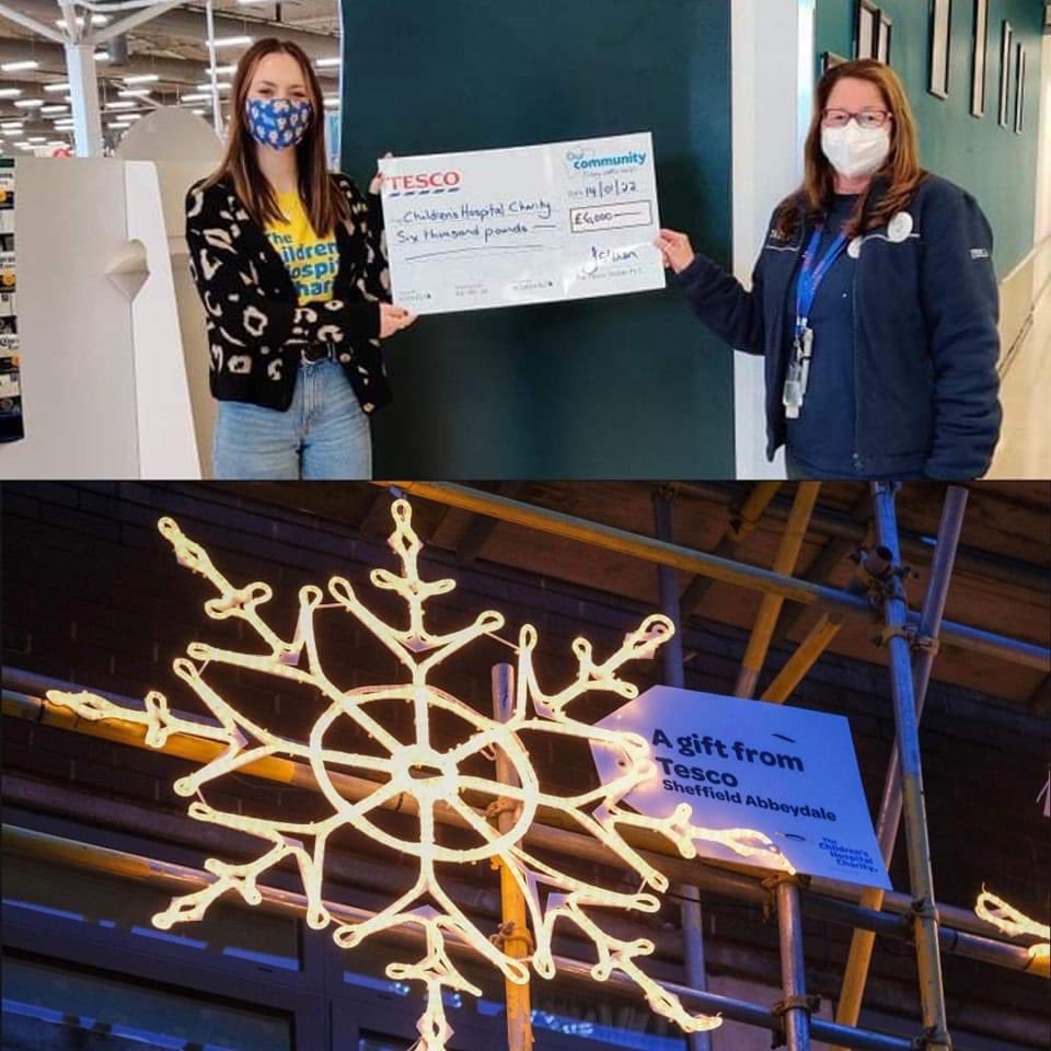 Julia our Community Champion at Tesco Abbeydale donating £6,000 to <a href="/SheffChildrens/">Sheffield Children's</a> for our Snowflake at Christmas, thank you to everyone who supported us to raise such a fantastic amount 💙❤️ #Sheffield