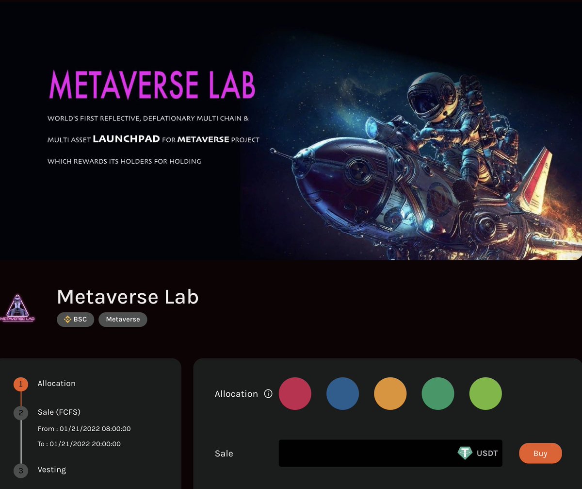 ACYFinance's tweet image. From : 01/21/2022 08:00:00 SGT 
To : 01/21/2022 20:00:00 SGT 

ACY Finance will conduct Metaverse Lab IDO. Here is the link.

First, choose the allocation one in 5 colors.
Second, Buy it.
Third, Vesting and claim in Metaverse’s official website. 

app.acy.finance/#/launchpad/pr…