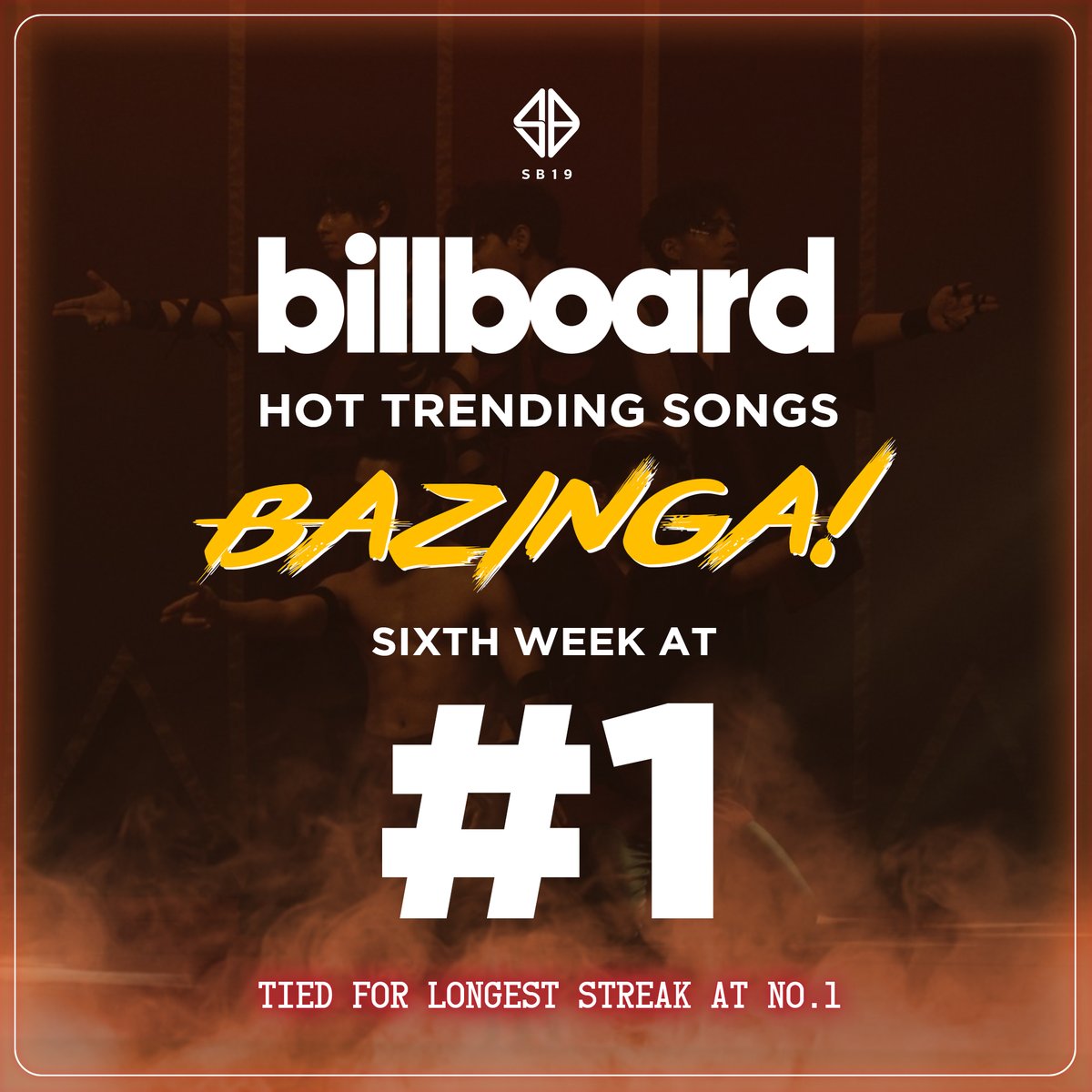 HATE NIYO'Y GASOLINAAA, YEAH 🔥

'Bazinga' is officially tied at having the longest streak at No. 1 on the <a href="/billboard/">billboard</a> #HotTrendingSongs! Thank you for everything A'TIN! 💙

Let's keep streaming #Bazinga_SB19!

BAZINGA KEEP THE BUZZ
#SB19 #SB19TopsBillboardHTS