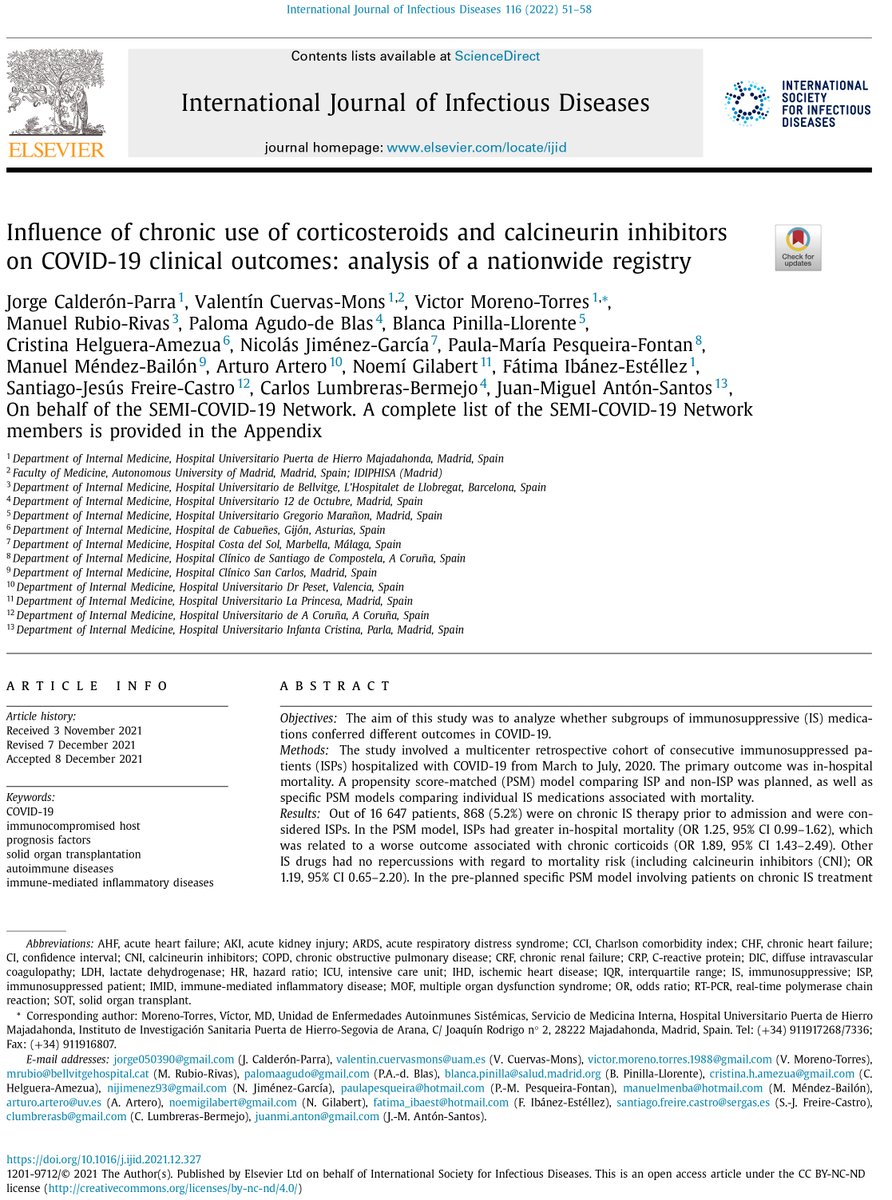 Sociedad_SEMI's tweet photo. 📢#NotadePrensa | Estudio #RegistroSEMICOVID19 evidencia que la toma crónica de #corticoides previa a la hospitalización #COVID19 🏥se asocia a un peor pronóstico de la enfermedad🩺
🔗NP 👉https://t.co/FwUcgIkYrQ 
🔗Estudio publicado en #IJID👉 https://t.co/VDQBBiJfCz
@JMCasas11 https://t.co/tHDYLNTuaU