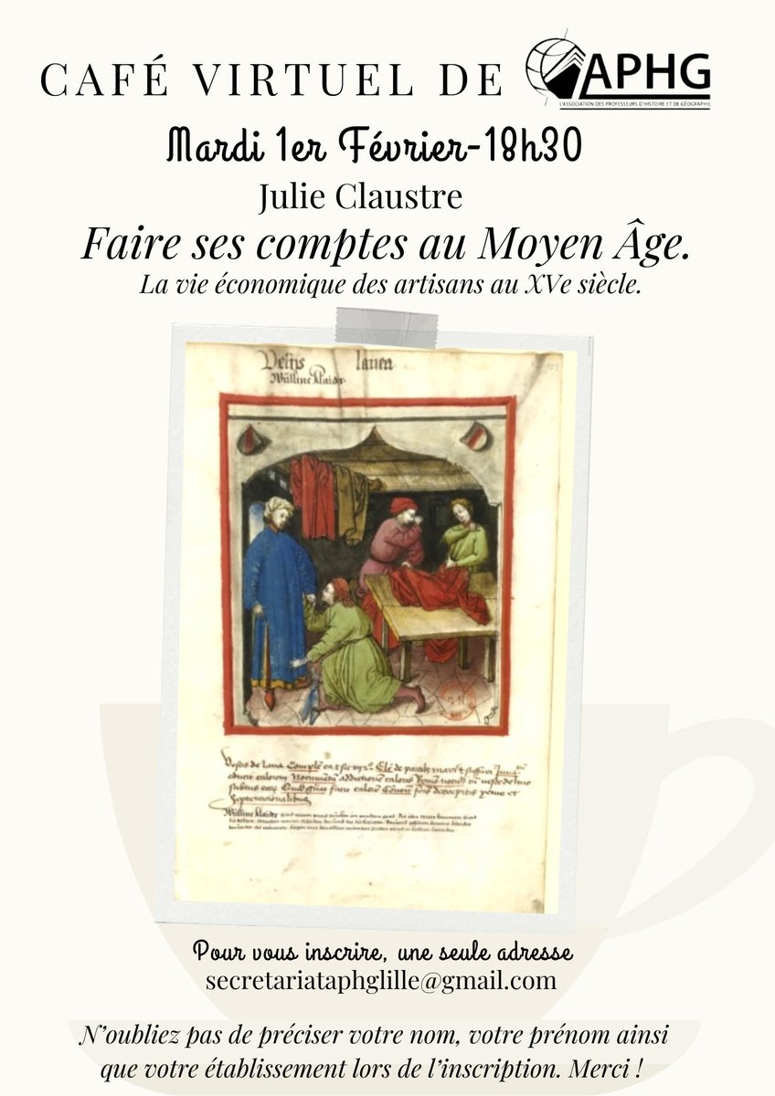 YProuvost's tweet photo. Grande nouvelle: l' @AphgNPDC a  l'honneur de vous inviter à un cycle de cafés virtuels : " Le Moyen Âge: un âge pas si moyen" 
Pour inaugurer ce cycle, nous avons le  grand plaisir de recevoir Julie Claustre le 1er février pour évoquer la vie économique des artisans au XVe. https://t.co/LN7hameguZ