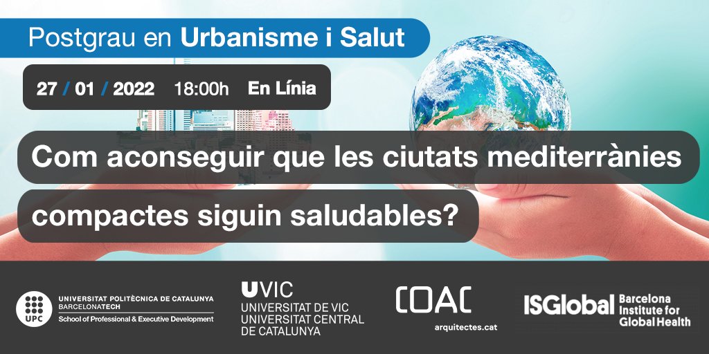 UPC_School's tweet photo. #TaulaRodona : "Com aconseguir que les ciutats mediterrànies compactes siguin saludables?"

🗓 Dijous, 27 de gener
⏰ A les 18:00h -📍En directe per streaming
ℹ️ https://t.co/HiCIF1TBe4

Amb representants: #SectorEnergètic, #Infraestructures, #Ecologia, #Urbanisme, #Epidemiologia https://t.co/d2IkfP1cFY