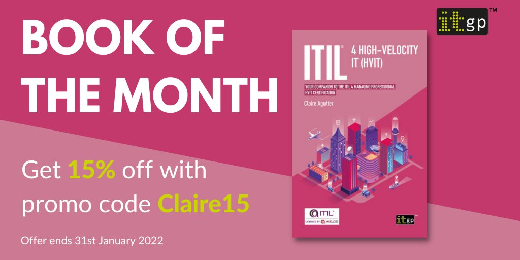 ITGPublishing's tweet photo. Get 15% discount off our book of the month ‘ITIL® 4 High-velocity IT (HVIT) - Your companion to the ITIL 4 Managing Professional HVIT certification’. 📕
Use code: Claire15
#bookofthemonth #ITIL4 #Highvelocity #HVIT
Find out more 👇
https://t.co/wF2bEHBjbp https://t.co/TX6rzaB5gC