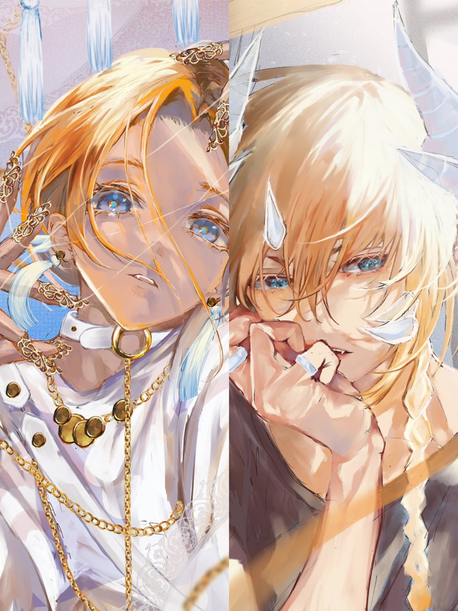 blue eyes blonde hair 2boys multiple boys male focus looking at viewer jewelry  illustration images