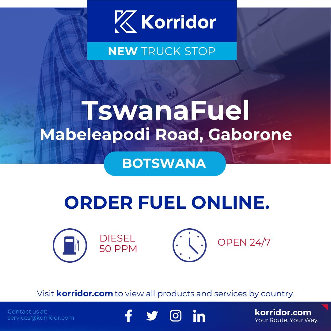Order Fuel online with Korridor at TswanaFuel Gaborone, Mabeleapodi Road, Botswana
#Technology #Logistics #Transport #Transportation #Freight #FleetManagement